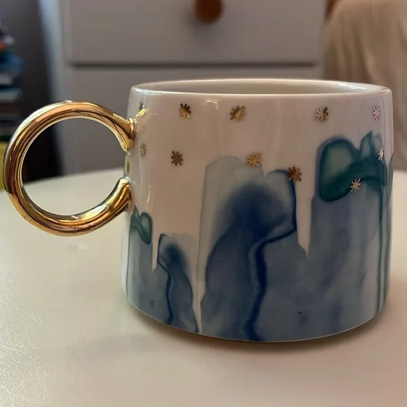 Anthropologie Blue Teal Drip Watercolor Night Sky Gold Ring Handle Mug - Picture 3 of 10